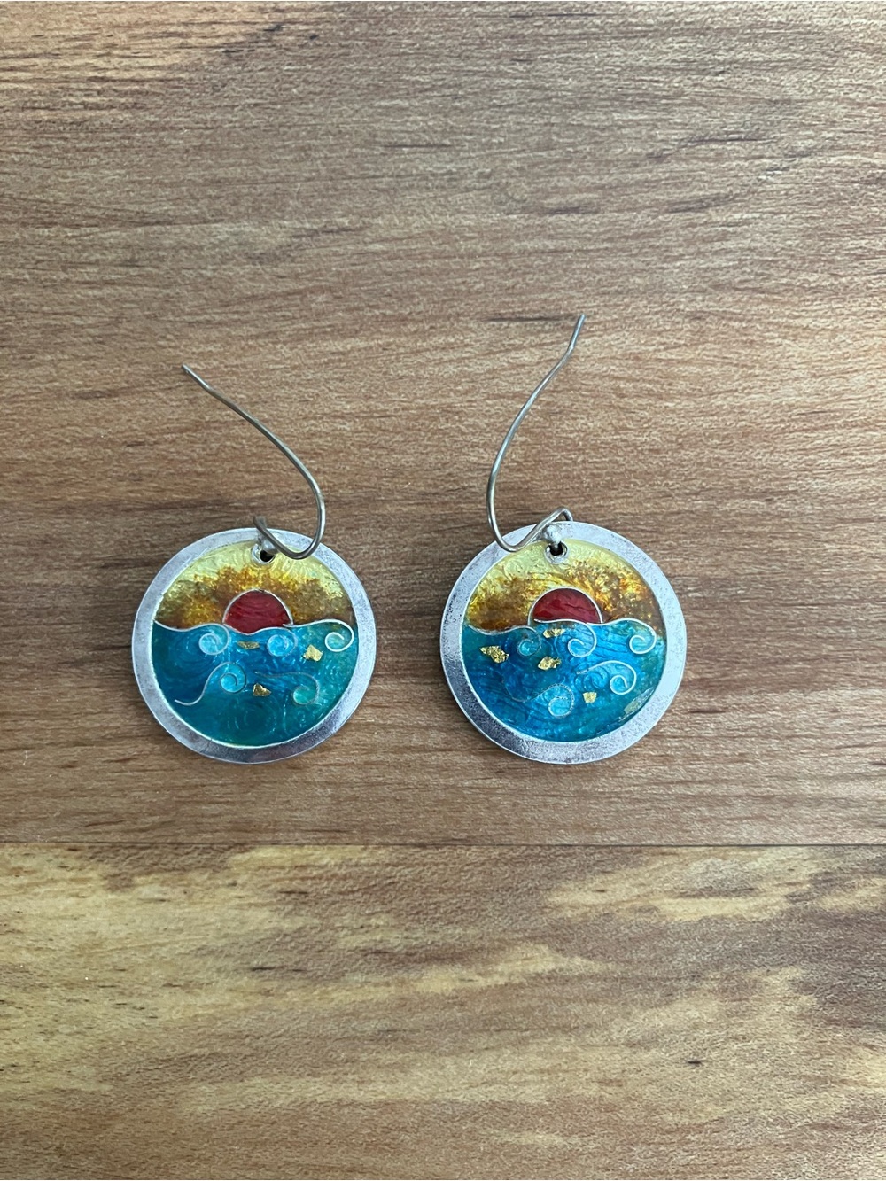 Handcrafted Sunset Wave Silver and Glass Drop Earrings - Unworn
